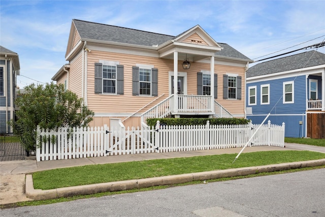 view of front of home featuring a fenced front yard, a gate, and roof with shingles