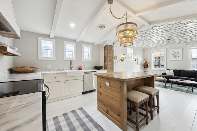 kitchen featuring stainless steel dishwasher, a wealth of natural light, visible vents, and wooden counters