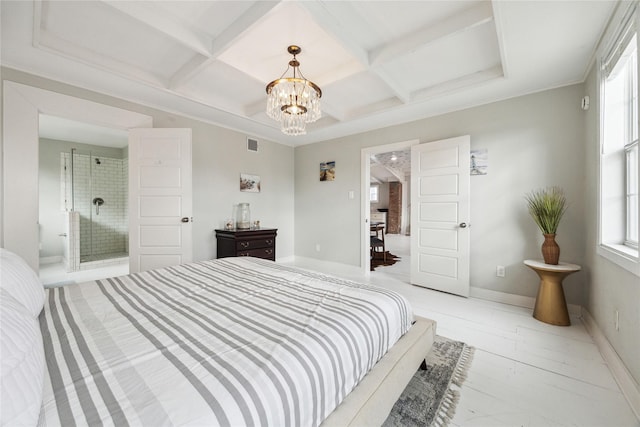 bedroom with beamed ceiling, an inviting chandelier, coffered ceiling, and baseboards