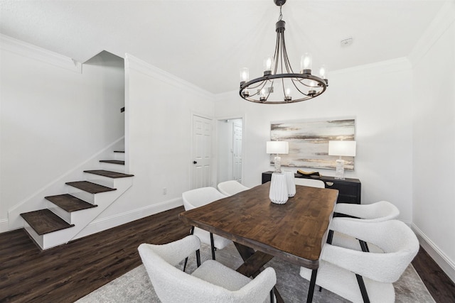 dining room with crown molding, stairway, wood finished floors, and baseboards