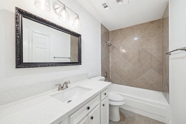 bathroom featuring shower / bathtub combination, visible vents, vanity, and toilet