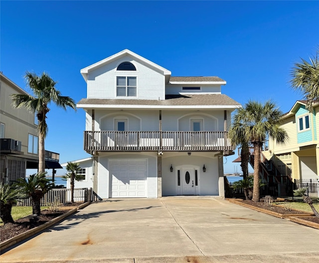 raised beach house with an attached garage, roof with shingles, concrete driveway, and fence