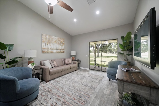 living area with baseboards, visible vents, a ceiling fan, wood finished floors, and recessed lighting