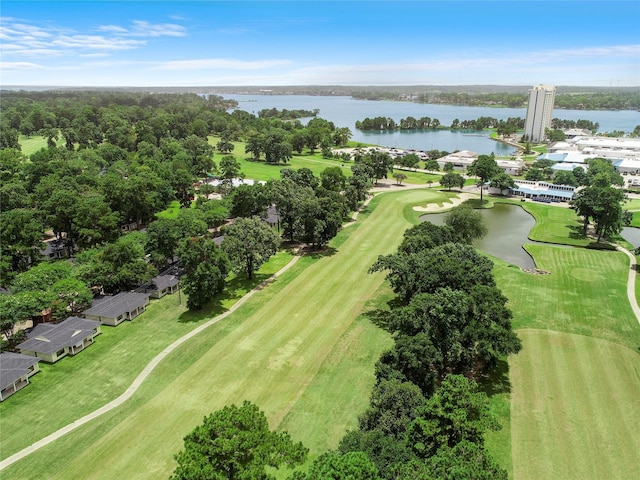 aerial view with a water view and golf course view