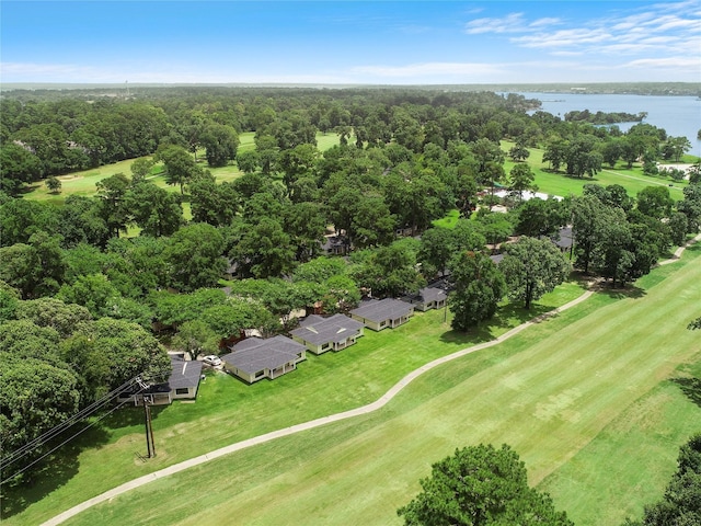 aerial view with a water view and a wooded view