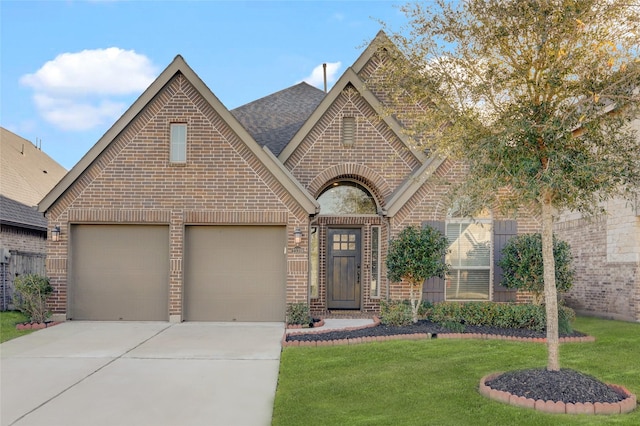 french provincial home featuring a garage, a front yard, concrete driveway, and brick siding