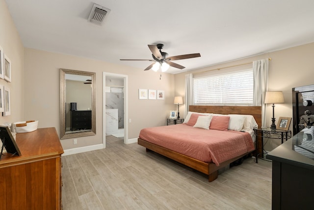 bedroom with light wood finished floors, a ceiling fan, visible vents, and baseboards