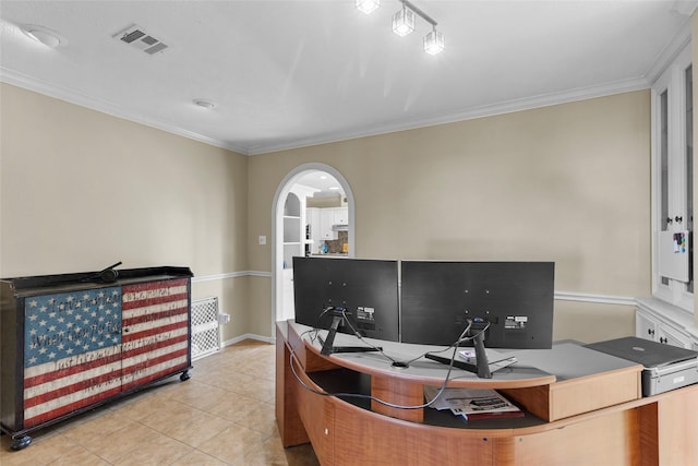 home office featuring light tile patterned floors, baseboards, visible vents, arched walkways, and ornamental molding