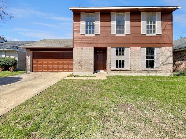 view of front of house featuring a garage, concrete driveway, brick siding, and a front yard