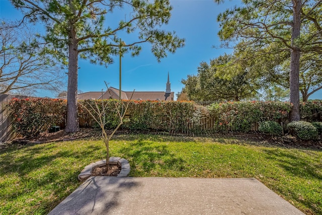 view of yard featuring fence and a patio