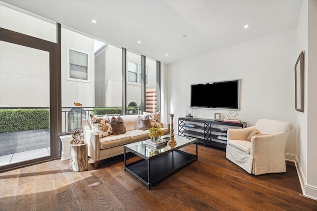 living area with wood-type flooring and recessed lighting