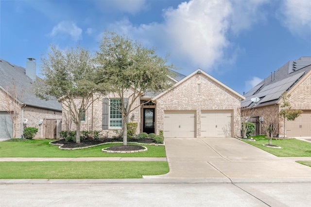 view of front of house with a garage, brick siding, concrete driveway, fence, and a front yard