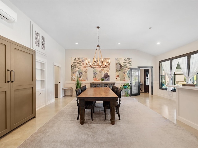 dining space with built in features, a wall unit AC, vaulted ceiling, recessed lighting, and a notable chandelier