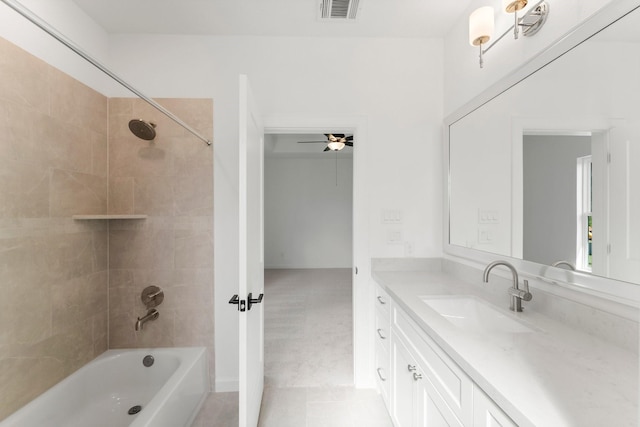 full bathroom with visible vents, a ceiling fan, tile patterned flooring, vanity, and shower / washtub combination