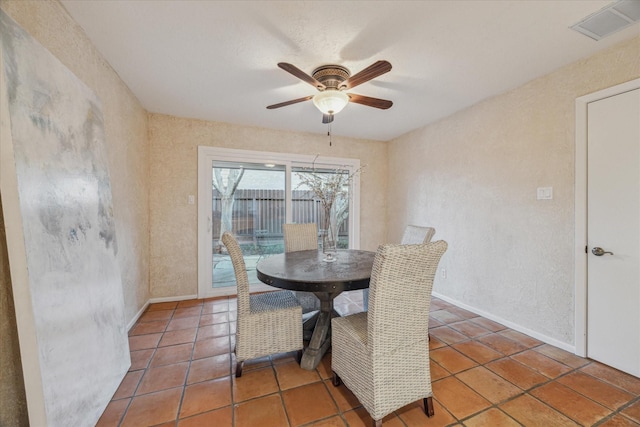 tiled dining room featuring baseboards, visible vents, a ceiling fan, and a textured wall