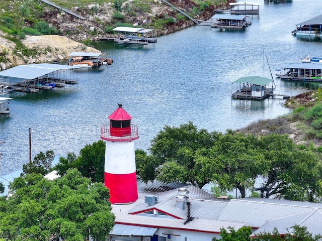 drone / aerial view featuring a water view