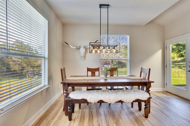 dining room featuring light wood finished floors, plenty of natural light, and baseboards