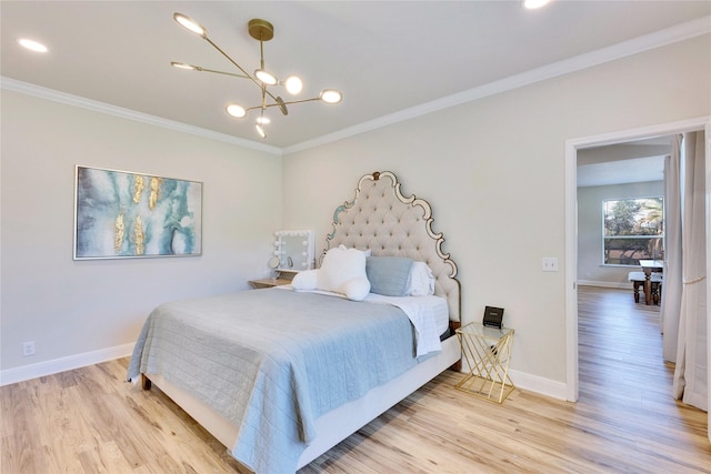 bedroom with light wood finished floors, baseboards, a chandelier, and crown molding