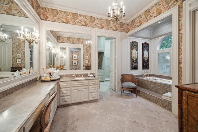 bathroom featuring wallpapered walls, ornamental molding, vanity, a chandelier, and a bath