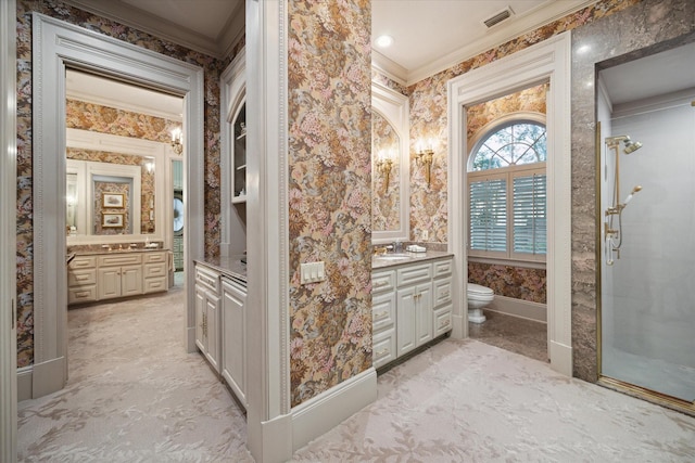 full bath featuring ornamental molding, visible vents, and wallpapered walls