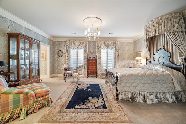 carpeted bedroom with ornamental molding, visible vents, an inviting chandelier, and wallpapered walls