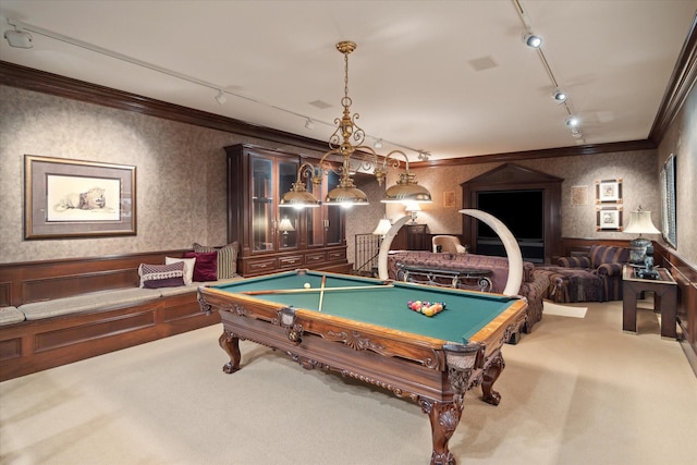 recreation room featuring wallpapered walls, carpet, and wainscoting