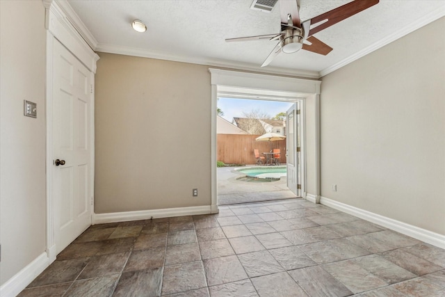 doorway with visible vents, ornamental molding, a textured ceiling, baseboards, and ceiling fan