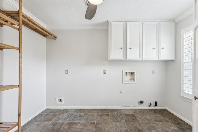 clothes washing area featuring electric dryer hookup, ceiling fan, cabinet space, gas dryer hookup, and hookup for a washing machine