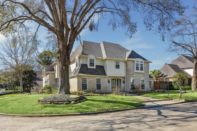 722 Crossroads Dr, Houston, TX 77079 - french country inspired facade with stucco siding, brick siding, and a shingled roof