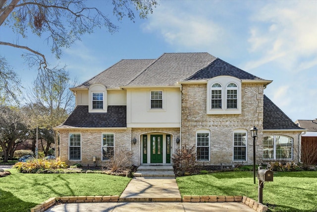 french country inspired facade featuring stucco siding, brick siding, roof with shingles, and a front yard