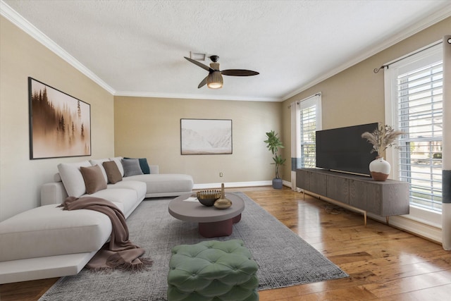 living room with hardwood / wood-style floors, crown molding, a ceiling fan, and a textured ceiling