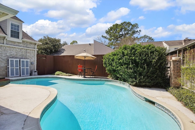 view of swimming pool featuring a patio, a fenced backyard, and a fenced in pool