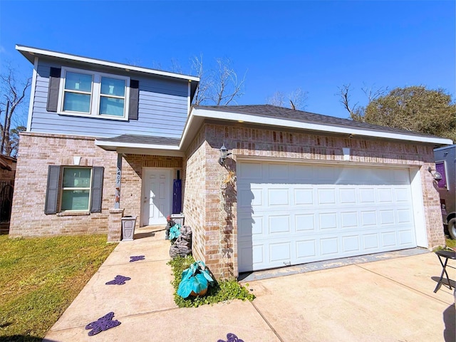 view of front of home featuring a garage, concrete driveway, brick siding, and roof with shingles