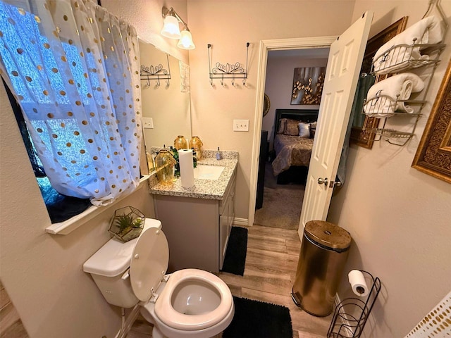 ensuite bathroom featuring toilet, ensuite bath, wood finished floors, and vanity