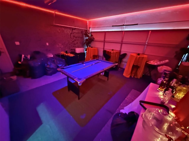 playroom with a garage and pool table