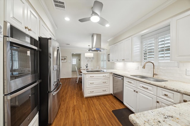 kitchen with appliances with stainless steel finishes, ornamental molding, a peninsula, a sink, and exhaust hood