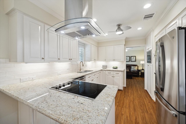 kitchen featuring appliances with stainless steel finishes, ornamental molding, a sink, island range hood, and a peninsula