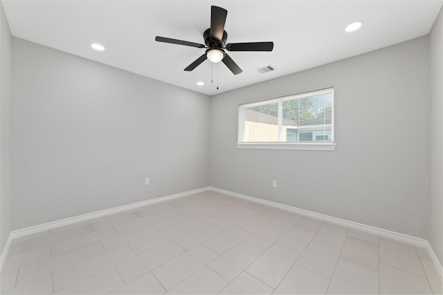 unfurnished room featuring a ceiling fan, recessed lighting, visible vents, and baseboards