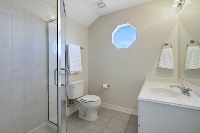 bathroom with a stall shower, visible vents, toilet, tile patterned flooring, and vanity