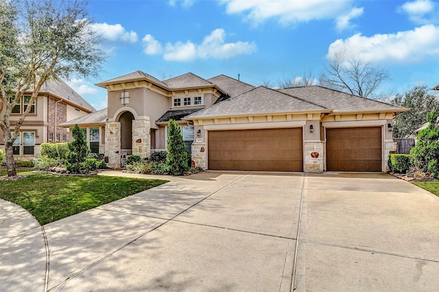 view of front of house with a garage, stone siding, concrete driveway, stucco siding, and a front lawn