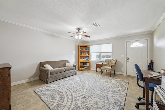 interior space with baseboards, visible vents, ceiling fan, ornamental molding, and a textured ceiling