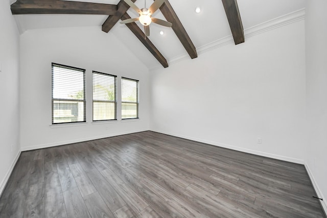 spare room with baseboards, ceiling fan, dark wood-style flooring, beamed ceiling, and recessed lighting