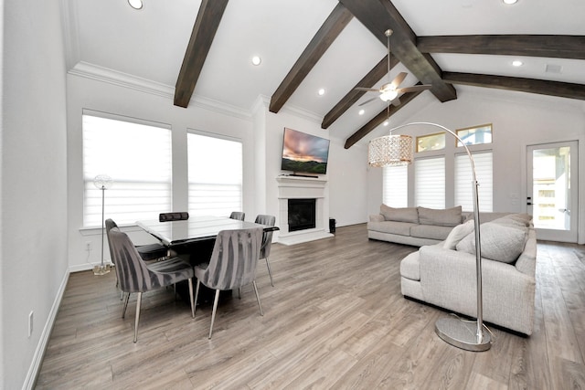 dining room with a fireplace with raised hearth, a wealth of natural light, and wood finished floors