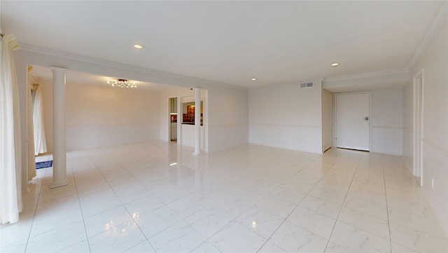 unfurnished room featuring ornate columns, visible vents, ornamental molding, and recessed lighting