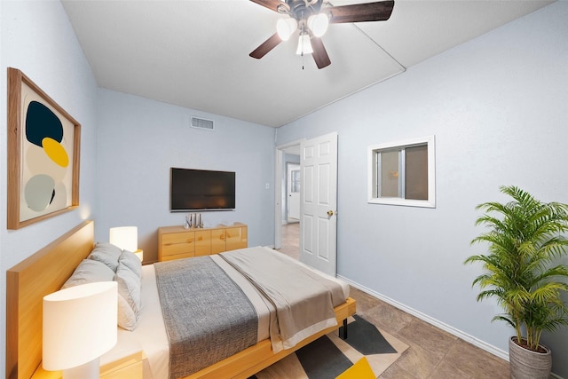 bedroom with ceiling fan, visible vents, and baseboards