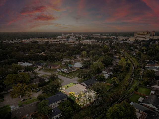 view of aerial view at dusk