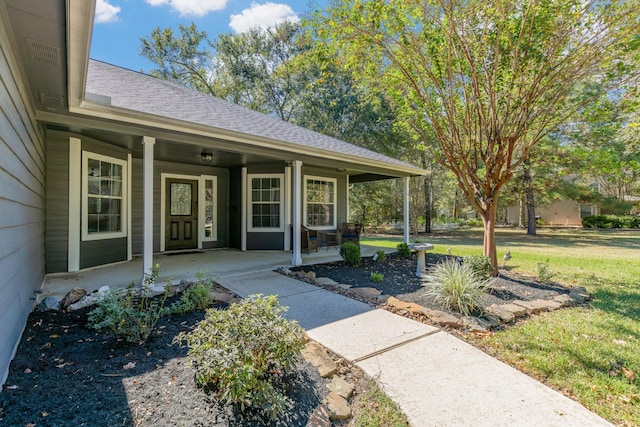 entrance to property with a porch, a yard, and a shingled roof