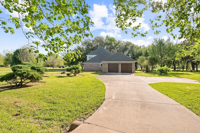 view of front facade featuring driveway, a garage, a shingled roof, a front lawn, and brick siding