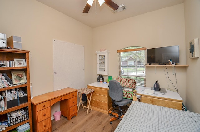 office space featuring light wood-style flooring, visible vents, and a ceiling fan