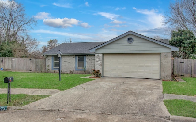 single story home featuring concrete driveway, an attached garage, fence, a front lawn, and brick siding